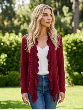 EILEEN FISHER Flutter Front Open Cardigan Linen Blend Red Burgundy Sheer Medium